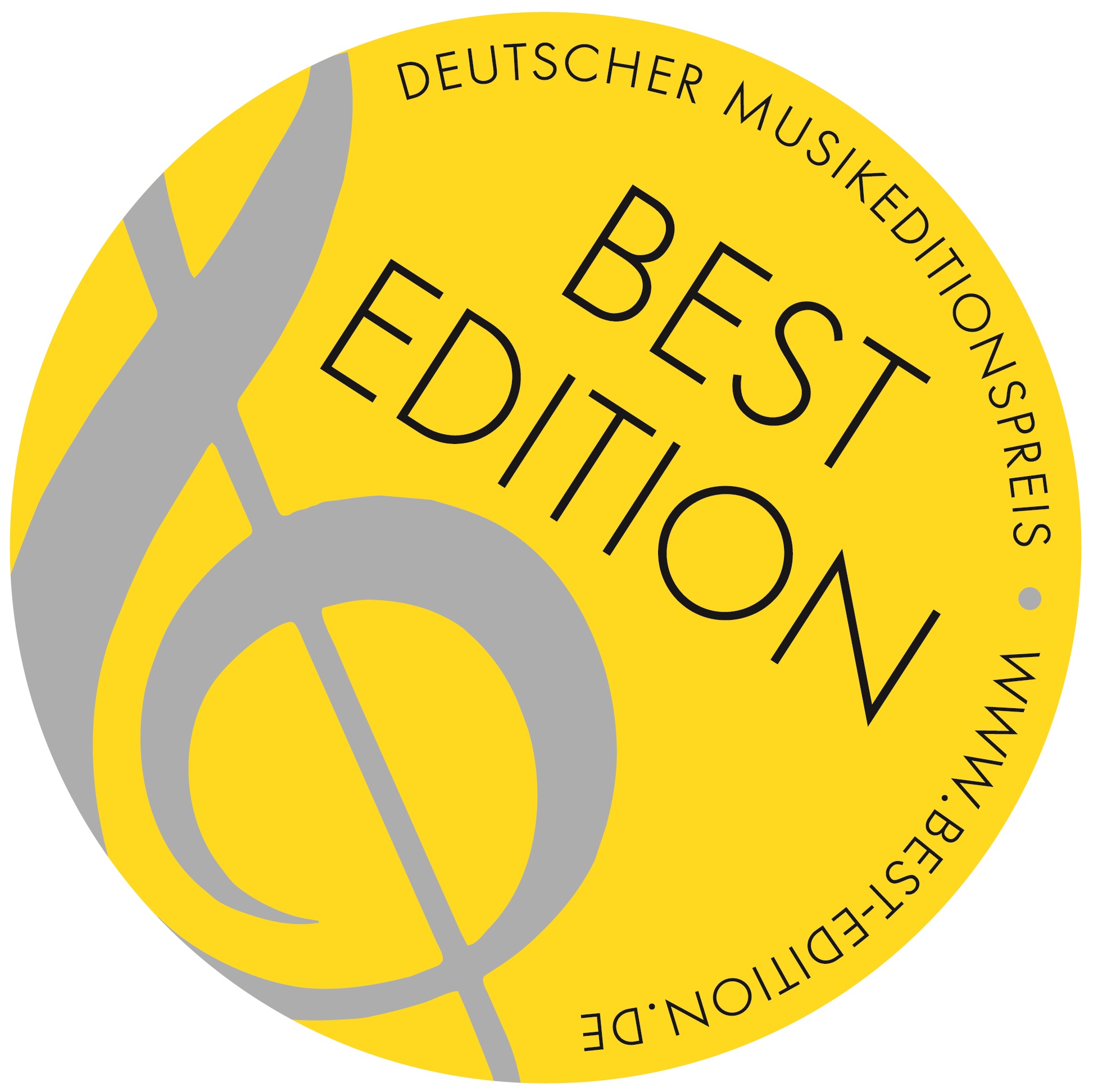 Gelber Kreis mit der Aufschrift BEST EDITION in Großbuchstaben sowie einer Umschrift Deutscher Musikeditionspreis www.best-edition.de. Außerdem befindet sich ein angeschnittener grauer Violinschlüssel auf der Plakette.