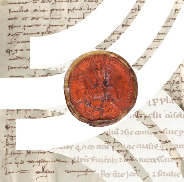 Bildcollage aus einem roten Reitersiegel, einer alten Handschrift und transparenten Bögen aus dem Logo der Sächsischen Akademie der Wissenschaften.