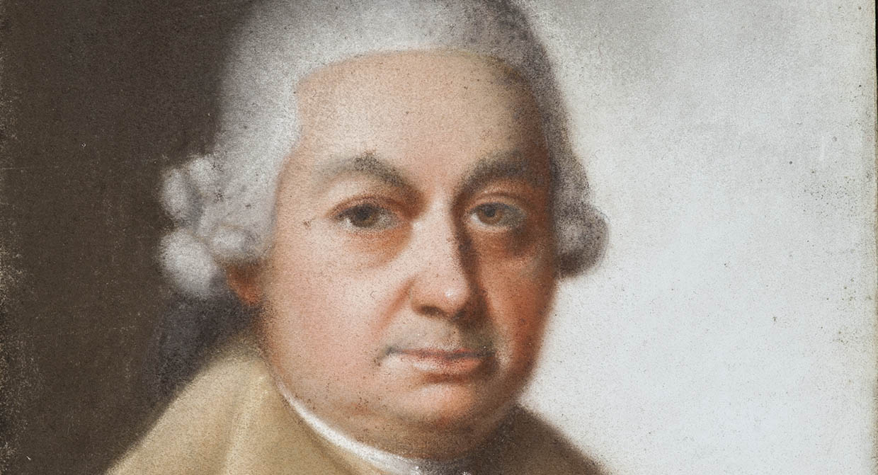 Farbiges Porträtgemälde eines Mannes mit Perücke