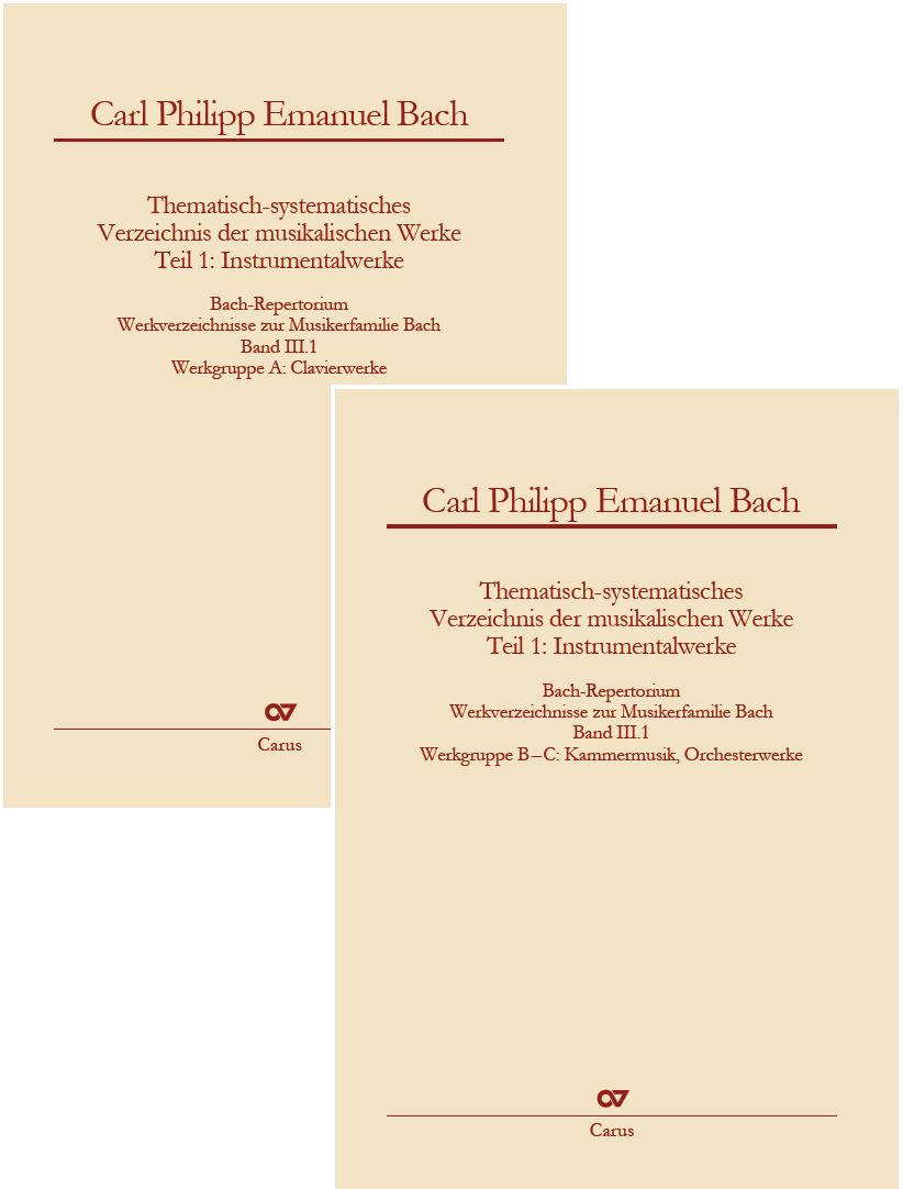 Zwei gelbe Buchcover mit roter Beschriftung. Zu lesen ist: Carl Philipp Emanuel Bach, Thematisch-systematisches Verzeichnis der musikalischen Werke, Teil 1: Instrumentalwerke, Bach-Repertorium, Werkverzeichnisse zur Musikerfamilie Bach, Band III.1. Auf dem hinteren Buchcover: Werkgruppe A: Clavierwerke, auf dem vorderen Buchcover:  Werkgruppe B-C, Kammermusik, Orchesterwerke. Unten findet sich jeweils das Logo des Carus-Verlags.