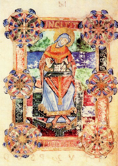 Gemalte Darstellung des Venantius Fortunatus, Bischof von Poitiers im 6. Jh., wie er eine Heiligenvita in lateinischer Sprache mit Feder, Radiermesser und Tinte auf Pergament niederschreibt. Um das Bild sind kreisrunde schmückende Elemente und ein roter Rahmen mit Inschriften gesetzt.