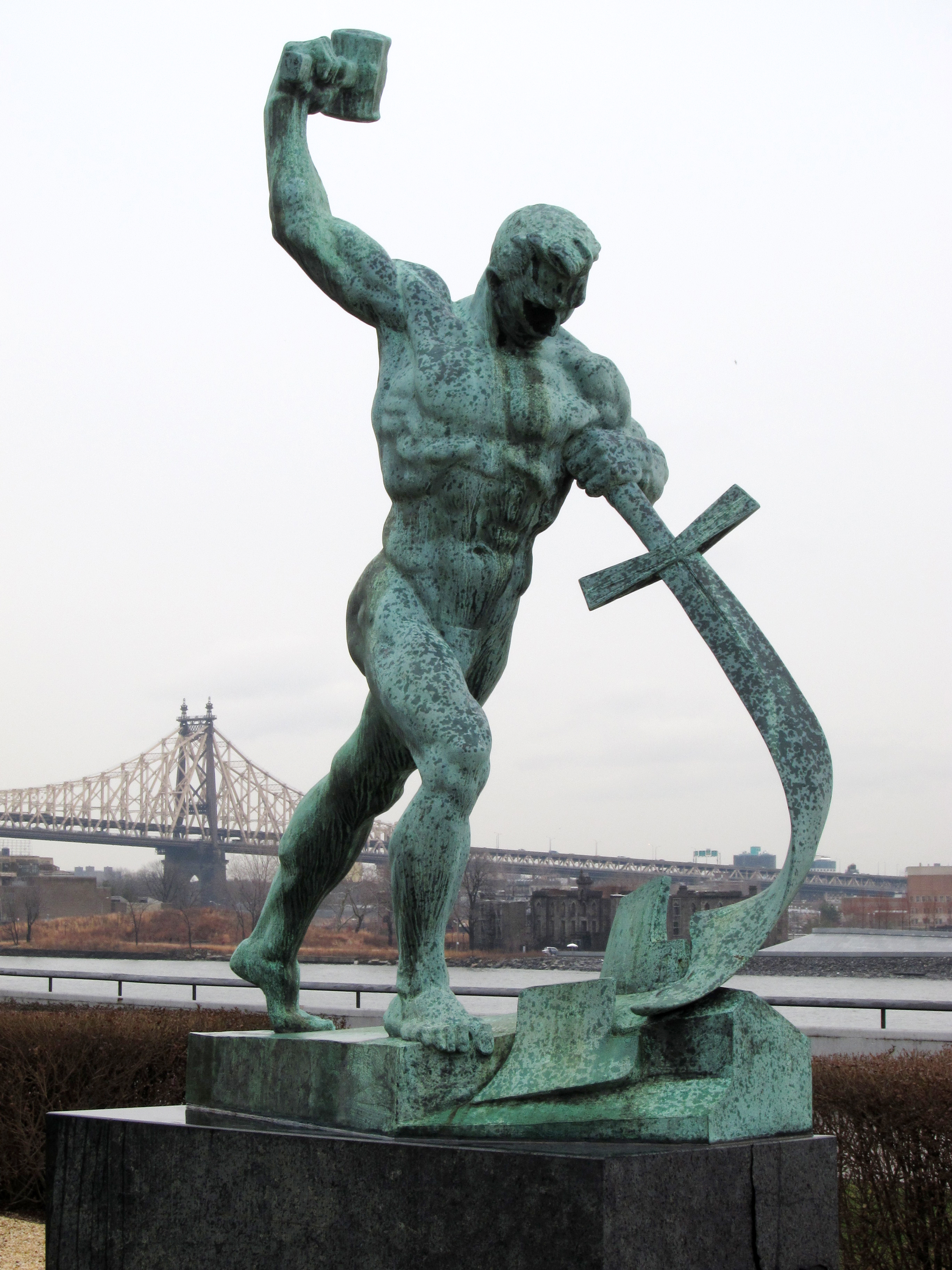 A statue of a muscular naked man hammering on a sword. The image is in the style of social realism. 