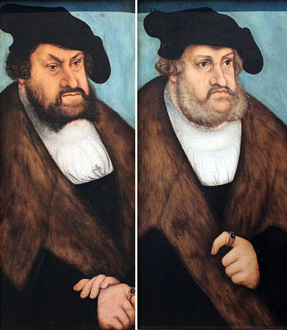 Historisches Gemälde, es zeigt zwei nebeneinander gestellte Porträts der beiden Brüder Johann und Friedrich, beide sind gleich gekleidet, schauen nach rechts, sind bärtig und tragen einen schwarzen Mantel mit Pelzkragen sowie eine schwarze Kopfbedeckung.