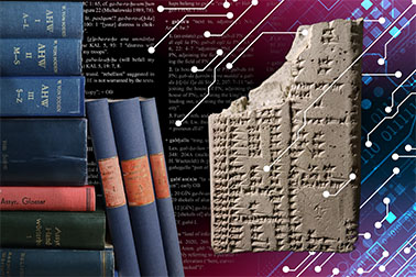 Bücher und eine Tonscherbe mit Keilschrift vor farbigem Hintergrund, überlagert von digitalen Gitternetzlinien