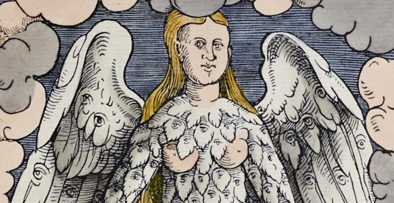 Zeichnung eines Engels, in dessen Flügel lauter Augen enthalten sind