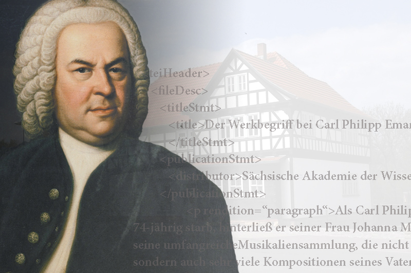 Johann Sebastian Bach with the Veit-Bach-Mill in the background. Overlay with html code in light grey. 