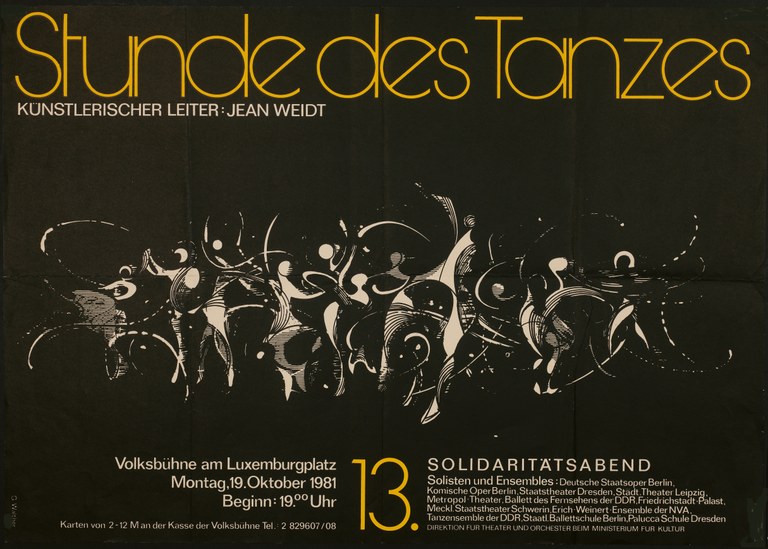 Poster mostly in black with orange title and white print depicting an abstract image of dancers swirling around with raised arms