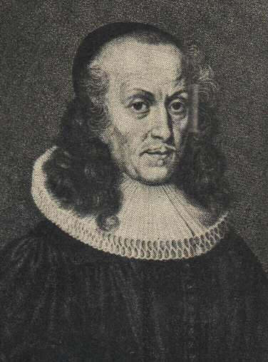 Black and white portrait of Jakob Spener wearing contemporary attire: a black coat with a broad frill neck collar and a black cap