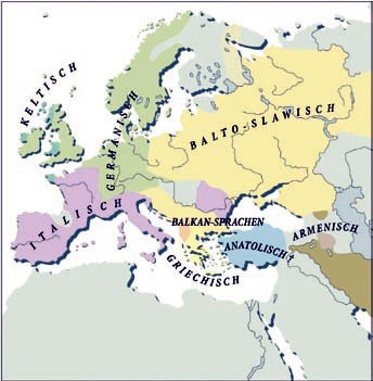 Coloured map of Europe showing the distribution of Indo-Europen languages (in German).