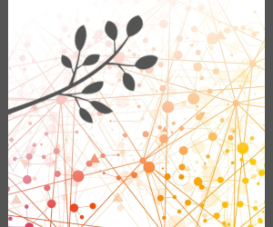 network in form of red and orange lines and bubbles. In the left foreground, there is a form such as a branch in grey.