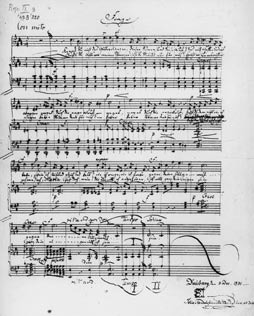 Sheet music in printed form with handwritten annotations, monochrome photograph