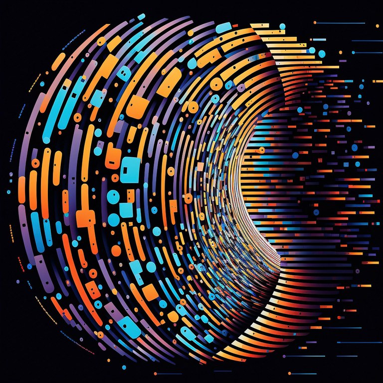 3-D circle (similiar to a tyre) consisting of data bits depicted in various shapes and colours with horizontal data lines moving through the circle. The background is black.